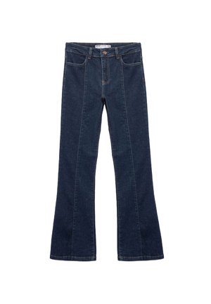 Dunkelblaue, ausgestellte Jeans aus Denim mit einem vorderen Knopfverschluss, fünf Taschen und kontrastierender Naht entlang der Nähte.