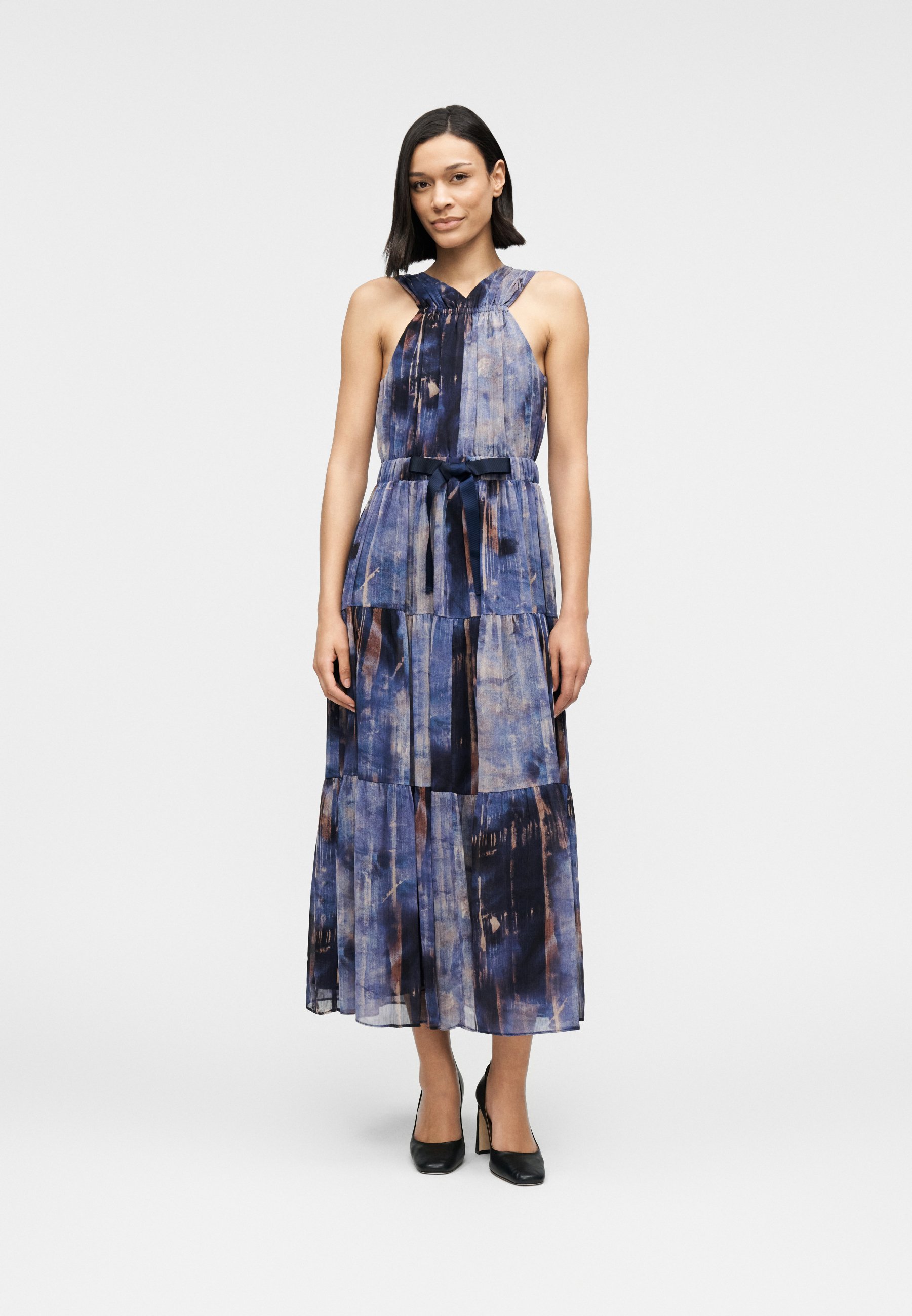 dkny tiered tie neck dress