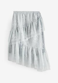 Jupe en dentelle bleu clair avec des volants superposés, dotée d'un taille élastique froncé et de motifs floraux intriqués sur toute sa surface.