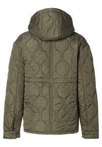 Olivgrön pufferjacka med en quiltad design, med huva, tryckknappsärmar och ett texturerat material för isolering.