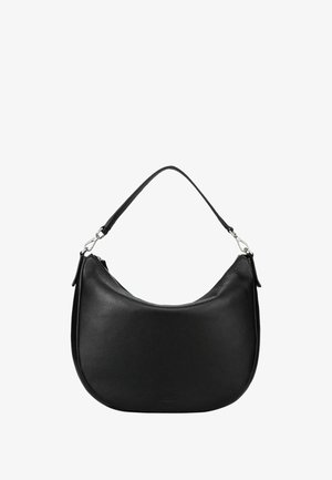 Sac à épaule en cuir noir avec une forme courbée, une seule anse supérieure et des accents en métal argenté. Surface texturée et détail zippé sur le côté.