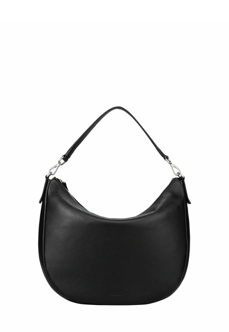 Sac à épaule en cuir noir avec une forme courbée, une seule anse supérieure et des accents en métal argenté. Surface texturée et détail zippé sur le côté.