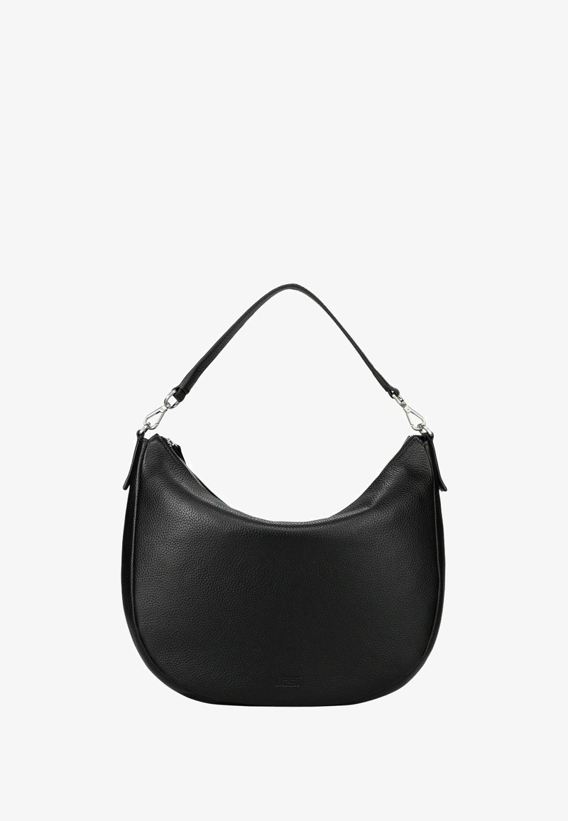 Sac à épaule en cuir noir avec une forme courbée, une seule anse supérieure et des accents en métal argenté. Surface texturée et détail zippé sur le côté.