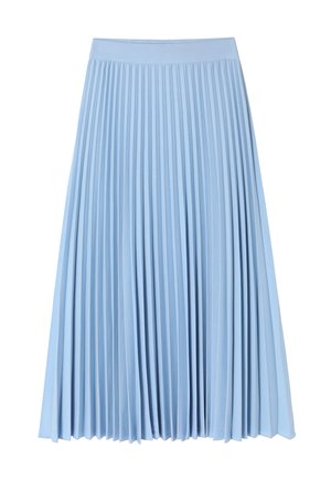 Sky blue pleated midi skirt with a smooth waistband and vertical folds, made from lightweight fabric, offering a soft texture and fluid movement.