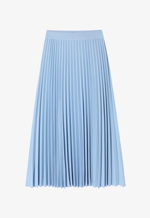 Himmelsblå plisseret midi-nederdel med en glat talje og vertikale folder, lavet af letvægtsstof, der tilbyder en blød tekstur og flydende bevægelse.