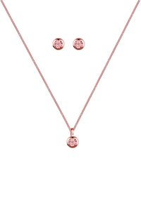 Roségold-Schmuckset mit einer Anhänger-Halskette, die einen runden pinken Stein und passende Steckerohrringe enthält, alles mit einer polierten Oberfläche.