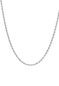 Zilveren ketting met een touwvormige schakels, hoogglanzende afwerking, gelijkmatige dikte en een gladde textuur.