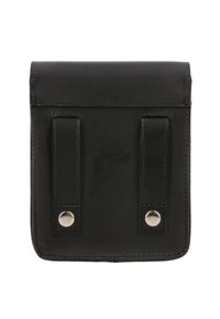 Czarna skórzana torba z dwoma pętlami na pasek z metalowymi zatrzaskami na białym tle.