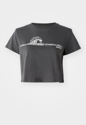 Dark gray cropped T-shirt with white stylized wave, palm tree graphic, and "ROXY" text on the front.