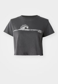 Gray cropped t-shirt made of cotton, featuring a white wave graphic and "ROXY" text on the front. Short sleeves and a round neckline.