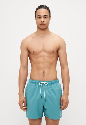 Shorts de bain turquoise avec une taille élastique et un cordon blanc. Dispose d'un petit logo sur le côté droit. Tissu lisse et léger.