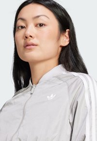 Svetlo šedá bunda na zips s bielymi pruhmi na pleciach a bielym logom na hrudi. Hladká tkanina s vyvýšeným golierom.