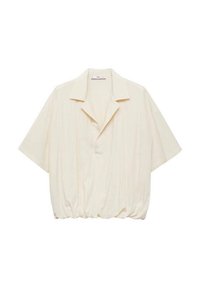 Short-sleeve, cream blouse with a collared neck and a gathered hem. Features a smooth fabric with subtle vertical stripes and a placket.
