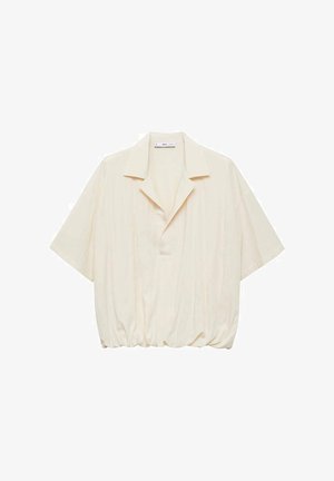 Short-sleeve, cream blouse with a collared neck and a gathered hem. Features a smooth fabric with subtle vertical stripes and a placket.