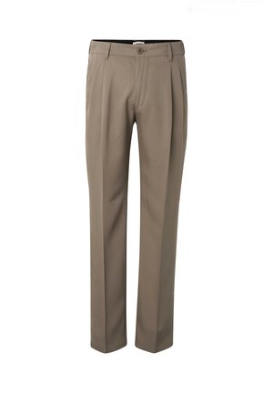 Beige skræddersyede bukser med forplissering foran, bæltestropper, sidelommer samt knap- og lynlåslukning, vist på en hvid baggrund.