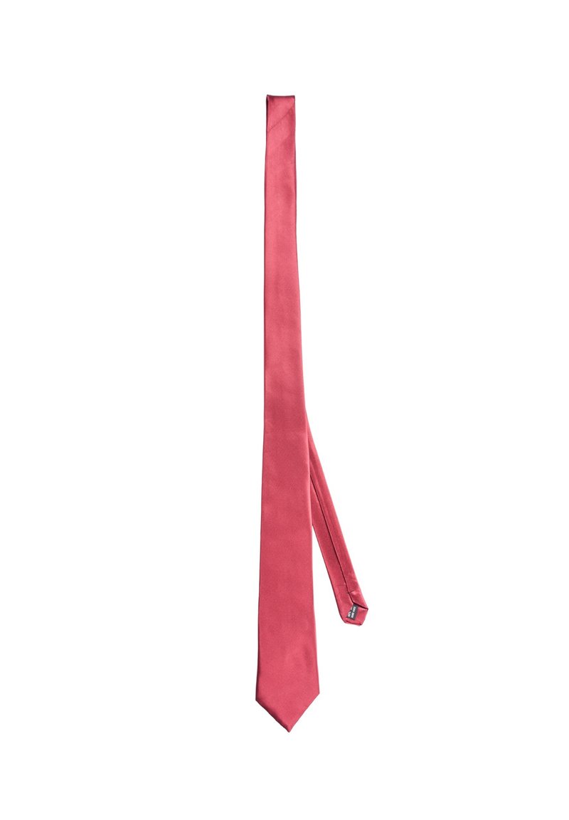 Cravatta rosa in seta con una superficie liscia, forma affusolata e punta. Presenta un design stretto e una leggera lucentezza.