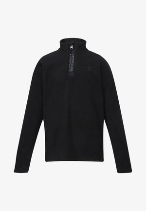 Pull polaire noir à manches longues avec demi-fermeture éclair et col montant, logo "PROTEST" sur la patte de la fermeture éclair, et emblème discret de la marque sur la poitrine.
