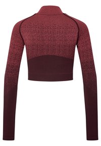 Kurze, burgunderfarbene, taillierte Sportjacke mit long Ärmel, die über ein Farbverlaufmuster und strukturierte Stoffe entlang der Schultern verfügt.