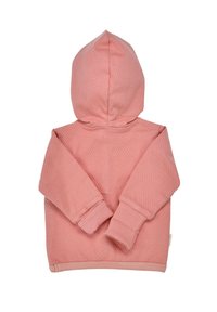 Ripptextur, rosa Kapuzenpullover mit langen Ärmeln und weichem Finish. Verfügt über einen gesäumten Saum und Bündchen für eine enge Passform.