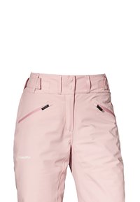 Rosa skidbyxor med en slät textur, justerbart midjeband, två fickor med dragkedja och svarta hårdvaruaccenter. Har logodetaljer.
