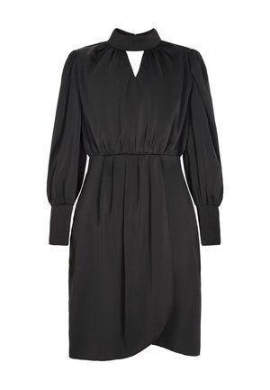 Schwarzes Kleid mit langenÄrmeln, hohem Kragen und einem Schlüssellochdetail an der Vorderseite. Hergestellt aus glattem Stoff mit einer gerafften Taille und einem plissierten Rock.