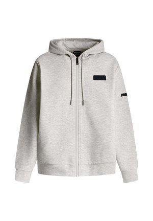 Grauer Reißverschluss-Hoodie mit Kapuze, aus weichem Material gefertigt. Verfügt über einen kleinen dunklen Fleck auf der Brust und einen dunklen Akzent am linken Ärmel.