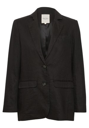 Blazer din in negru, cu închidere cu un singur buton, rever ascuțit, două buzunare frontale și detaliu cu batistă. Textură netedă, croi structurat.