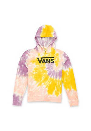Bluza z kapturem tie-dye w kolorach żółtym, fioletowym i brzoskwiniowym, z przednią kieszenią oraz czarnym logo "VANS" umieszczonym na środku klatki piersiowej.