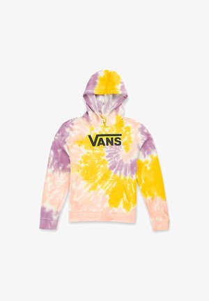 Sweat à capuche tie-dye avec des couleurs jaune, violet et pêche, poche avant et logo noir "VANS" centré sur la poitrine.