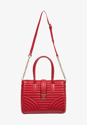 Rode gewatteerde handtas met bovenhandvatten, verstelbare schouderriem met gouden schakels en een voorste slotdetail gegraveerd met "1969 Italia".