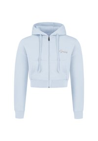 Felpa blu chiaro tagliata, con zip frontale, lacci e tasca a marsupio; presenta dettagli testuali sottili nella zona sinistra del petto.