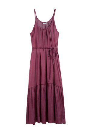 Abito lungo mauve senza maniche con spalline sottili, corpino arricciato, cintura intrecciata in vita e dettaglio della gonna a balze.