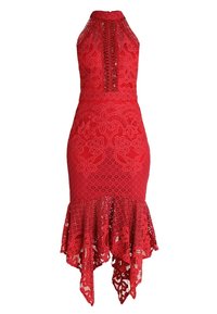 Rotes Spitzenkleid ohne Ärmel mit hohem Kragen, Blumenmustern, Netzdetails und asymmetrischem Rüschensaum.