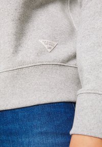 Felpa grigia con polsini e orlo a costine, dotata di un piccolo etichetta in tessuto a forma di triangolo. Materiale in pile testurizzato, abbinato a jeans blu scuro.