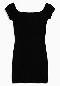 Robe courte noire ajustée avec encolure décolletée et manches courtes, présentée à plat sur un fond blanc.