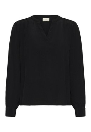 Zwarte blouse met lange mouwen en een v-hals, geplooide details bij de schouders en elastische manchetten. Glad weefsel met een subtiele glans.