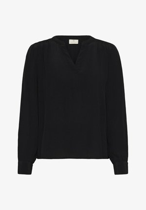 Blusa negra de manga larga con escote en V, detalle plisado en los hombros y puños elásticos. Tejido suave con un ligero brillo.