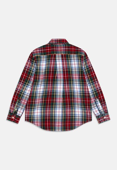 Camicia a quadri rossi, verdi e bianchi con maniche lunghe, polsini con bottone e orlo curvo. Realizzata in tessuto tessuto con una superficie liscia.
