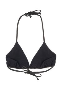 Musta bikinitoppi, jossa on kolmiomuotoiset kupit, kootut kankaat ja ohuet, säädettävät hihnat. Hihnoissa on hienovarainen kimalteleva yksityiskohta.