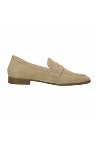 Beige suède loafers met een ronde neus en een platte hak. Decoratieve studs langs de bovenkant. Glad textuur met een minimalistisch ontwerp.