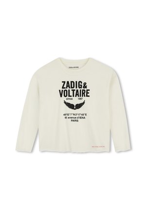 Chemise blanche à manches longues avec logo Zadig & Voltaire, graphisme d'aile, coordonnées, adresse à Paris et petit texte rouge "Rock 'n' Roll is Not Dead."