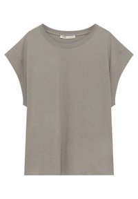 Grå kortærmet T-shirt lavet af blødt stof, med en rund halsudskæring og en løs, afslappet pasform med sideslidser. Enkel design.