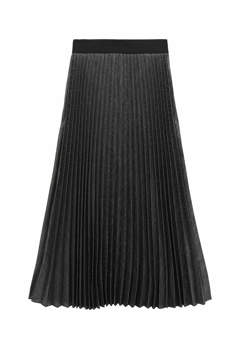 Jupe plissée midi noire avec taille élastique et léger scintillement subtil sur tout le tissu.
