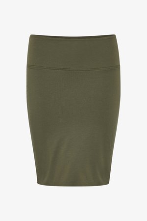 Olivově zelená sukně ke kolenům z hladkého, elastického materiálu. Má široký elastický pas a jednoduchý, přiléhavý střih.