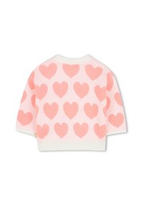 Korte mouwen trui van zachte brei, met een witte basis en herhalende roze hartpatronen. Geribde boorden en halslijn.
