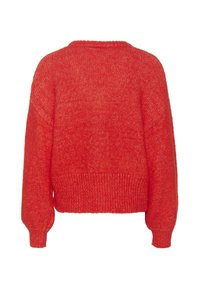 Maglione rosso lavorato a maglia con un design cropped, scollo rotondo e maniche ampie. Finitura testurizzata con un aspetto morbido e accogliente.