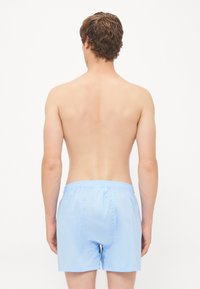Helle blaue Badehose aus glattem, leichtem Stoff. Elastischer Bund und keine sichtbaren Muster oder Hardware-Details.