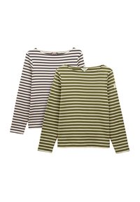 Zwei langärmlige Hemden: eines mit marineblauen und weißen Streifen, das andere olivgrün mit weißen Streifen. Beide haben einen weiten Halsausschnitt und eine strukturierte Stoffqualität.