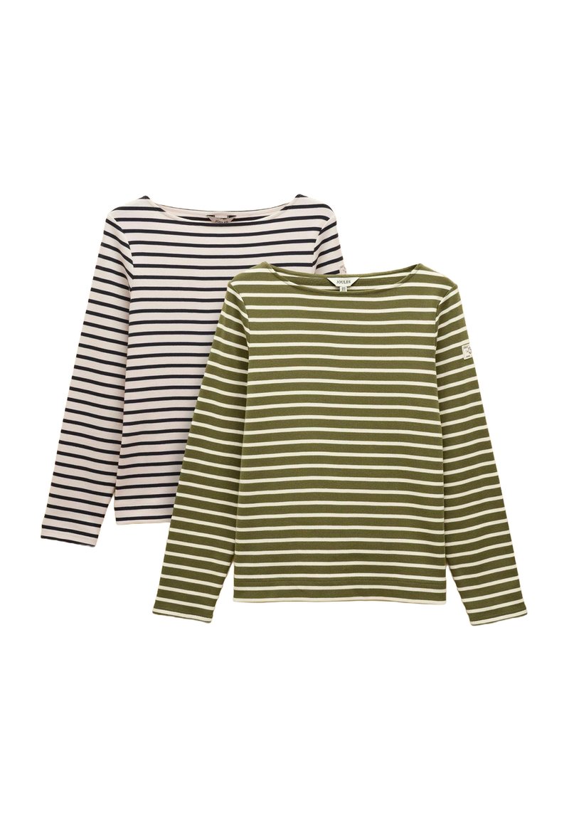 Zwei langärmlige Hemden: eines mit marineblauen und weißen Streifen, das andere olivgrün mit weißen Streifen. Beide haben einen weiten Halsausschnitt und eine strukturierte Stoffqualität.