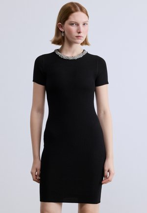 SHORT SLEEVE CREWNECK SHORT DRESS EMBELLISHED RHINESTONES AT NECKLINE - Enostavna obleka - black